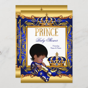 Invitation Prince Baby shower Blue Gold African American Foil