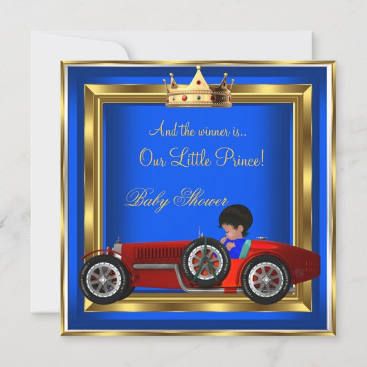 Invitation Prince Baby shower Blue Gold Boy Red Racing Car (Devant)