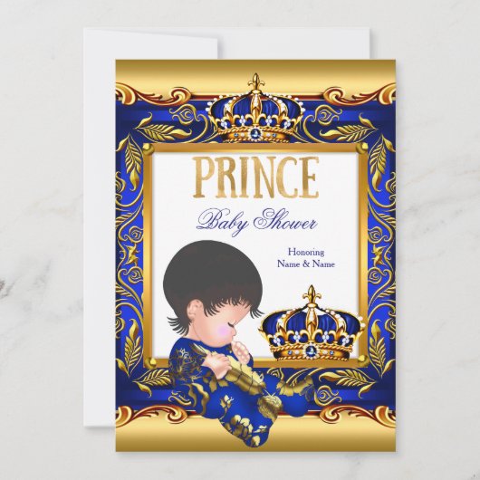 Invitation Prince Baby shower Blue Gold Foil Boy (Devant)