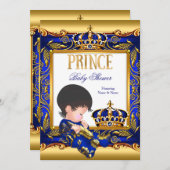 Invitation Prince Baby shower Blue Gold Foil Boy (Devant / Derrière)