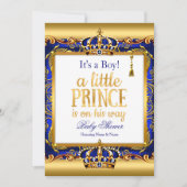 Invitation Prince Baby shower Blue Ornate Gold Boy (Devant)