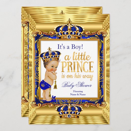 Invitation Prince Baby shower Blue Ornate Gold couronne (Devant / Derrière)