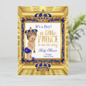Invitation Prince Baby shower Blue Ornate Gold couronne (Debout devant)