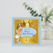 Invitation Prince Baby shower Boy Blue Gold Crown Brunette (Debout devant)