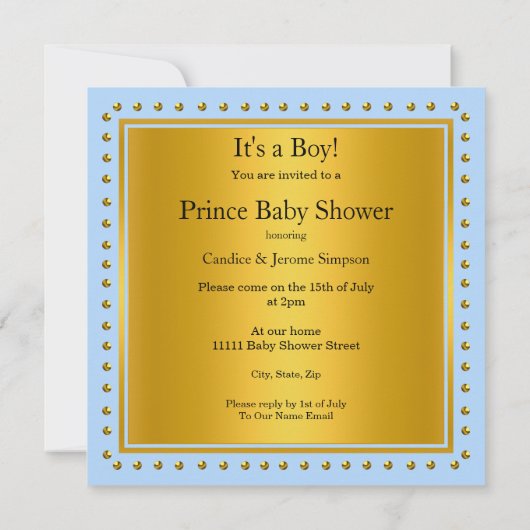Invitation Prince Baby shower Boy Blue Gold Crown Brunette (Dos)