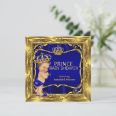 Invitation Prince Baby shower Boy Blue Ornate Gold (Debout devant)