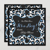Invitation Prince Baby shower Boy Blue White Leopard 2s (Devant / Derrière)