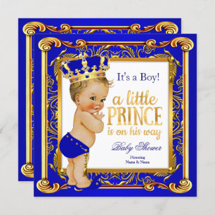 Invitation Prince Baby shower Damask Blue Gold Blonde Boy