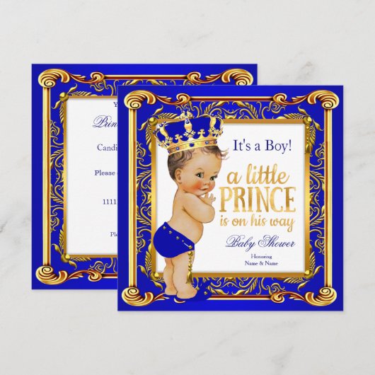 Invitation Prince Baby shower Damask Blue Gold Brunette (Devant / Derrière)