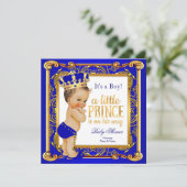 Invitation Prince Baby shower Damask Blue Gold Brunette (Debout devant)
