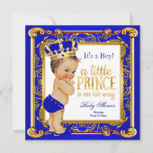 Invitation Prince Baby shower Damask Blue Gold Brunette (Devant)