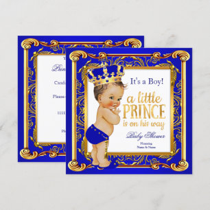 Invitation Prince Baby shower Damask Blue Gold Brunette
