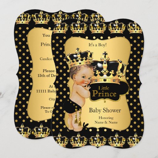 Invitation Prince Baby shower Noir Polka Point Brunette (Devant / Derrière)