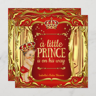 Invitation Prince Baby shower Red Gold Boy Brunette Invitatio