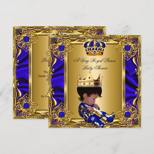 Invitation Prince Baby shower Regal Gold Royal Blue Boy (Devant / Derrière)
