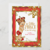 Invitation Prince Baby shower Rouge Or Blanc Brunette Garçon (Devant)