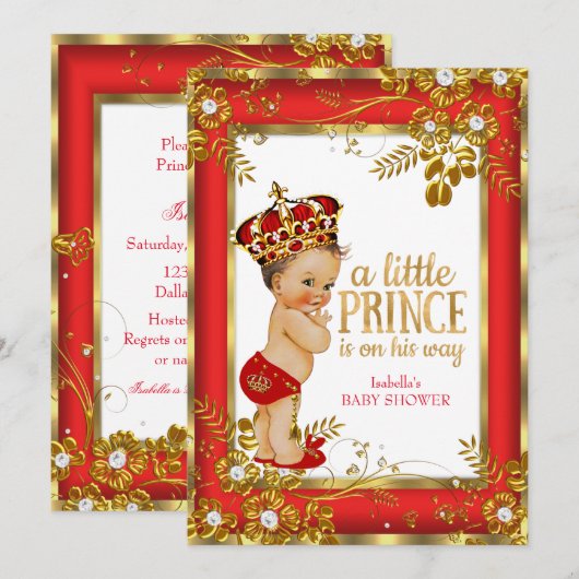 Invitation Prince Baby shower Rouge Or Blanc Brunette Garçon (Devant / Derrière)