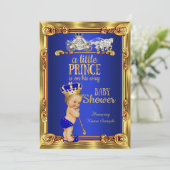 Invitation Prince Baby shower Royal Blue Gold Carriage Blond (Debout devant)