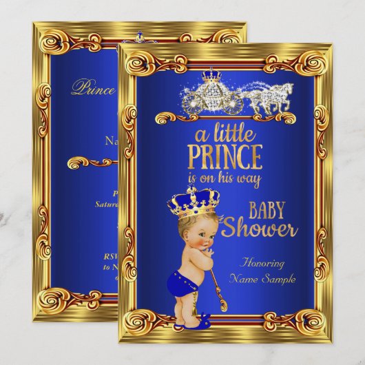 Invitation Prince Baby shower Royal Blue Gold Carriage Blond (Devant / Derrière)