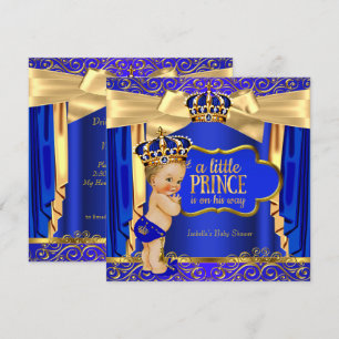 Invitation Prince Baby shower Royal Blue Gold Draps Blonde