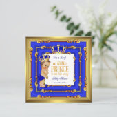 Invitation Prince Baby shower Royal Blue Gold Frame Brunette (Debout devant)