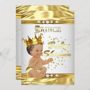 Invitation Prince Baby shower White Gold Foil Brunette