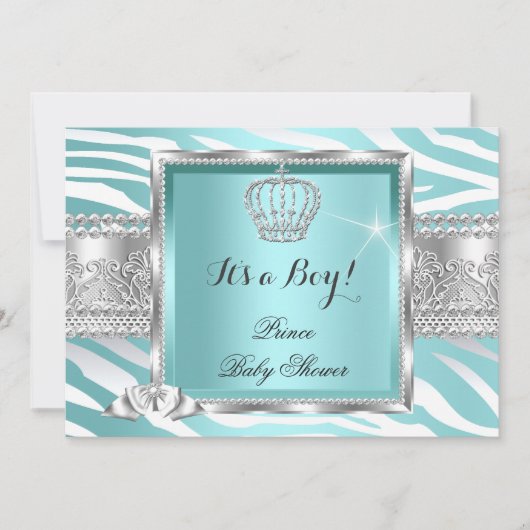 Invitation Prince Bébé Shower Garçon Bleu Menthe Zèbre (Devant)