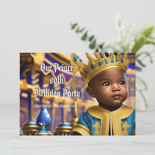 Invitation Prince Boy Anniversaire Bleu Or Africain Américain (Debout devant)