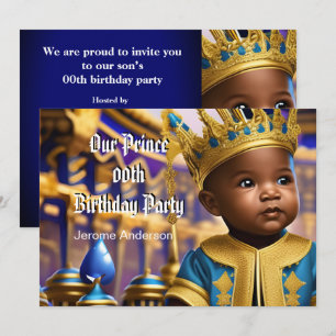 Invitation Prince Boy Anniversaire Bleu Or Africain Américain