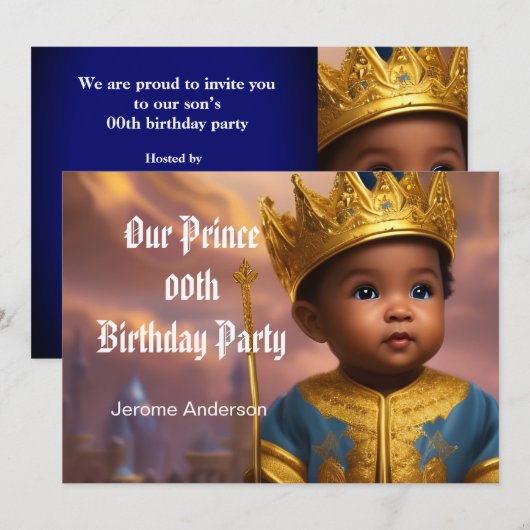 Invitation Prince Boy Anniversaire Blue Gold African American (Devant / Derrière)