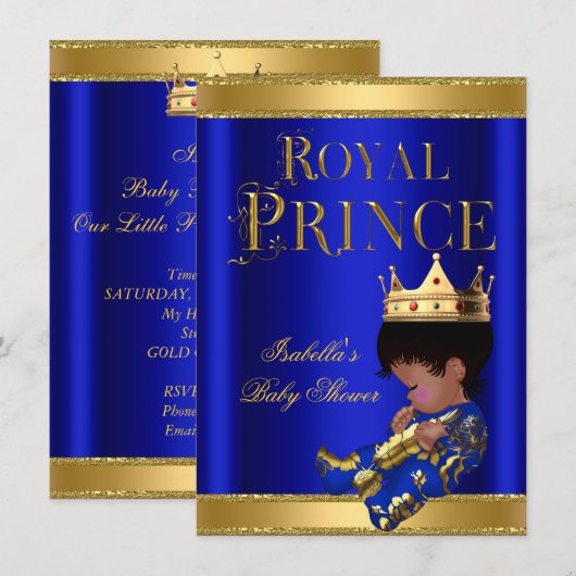 Invitation Prince Boy Baby shower Blue Ethnic GOLD (Devant / Derrière)