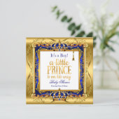 Invitation Prince Boy Baby shower Blue Ornate Gold (Debout devant)