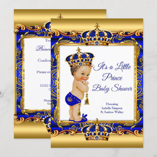 Invitation Prince Boy Baby shower Blue Ornate Gold Brunette