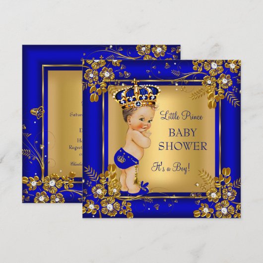 Invitation Prince Boy Baby shower Gold Blue Brunette (Devant / Derrière)