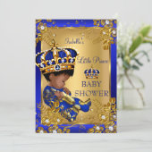 Invitation Prince Boy Baby shower Gold Blue Crown Ethnic (Debout devant)