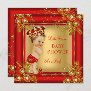 Invitation Prince Boy Baby shower Gold Red Brunette