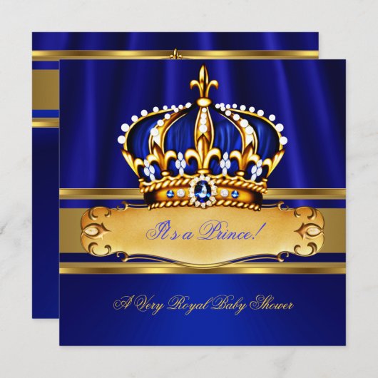 Invitation Prince Boy Baby shower Royal Blue Gold (Devant / Derrière)
