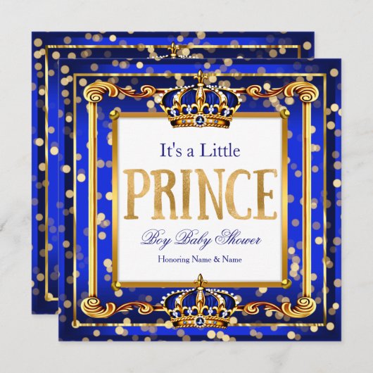 Invitation Prince Boy Baby shower Royal Blue Gold Bokeh (Devant / Derrière)