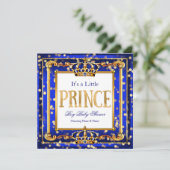 Invitation Prince Boy Baby shower Royal Blue Gold Bokeh (Debout devant)