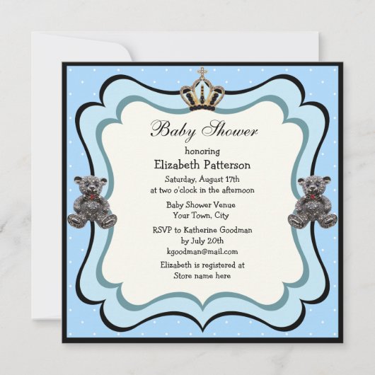 Invitation Prince Crown & Teddy Bear Jewels Boy Baby shower (Devant)