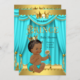 Invitation Prince héritier Baby shower Gold Aqua Turquoise Et