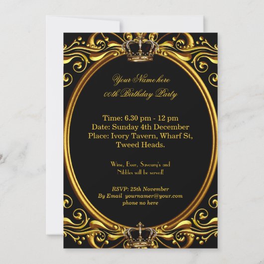 Invitation Prince King Gold Royal Couronne noire Anniversaire (Dos)