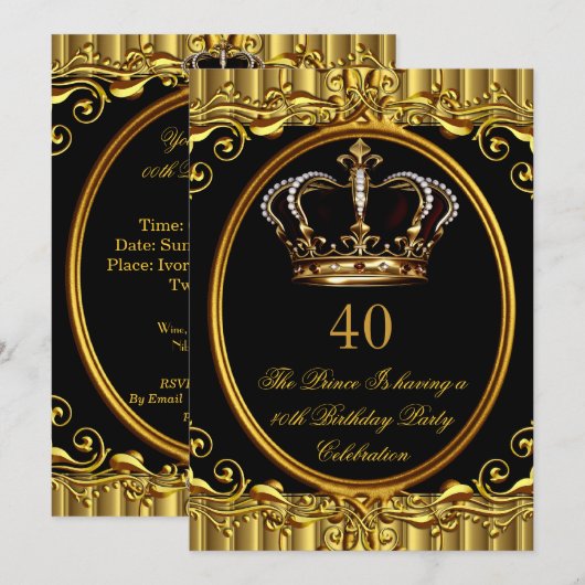 Invitation Prince King Gold Royal Couronne noire Anniversaire (Devant / Derrière)