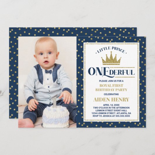 Invitation Prince ONEderful First Birthday Invitation, bleu (Devant / Derrière)