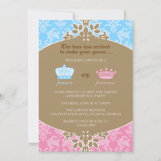 Invitation Prince ou princesse Damask Gender Reveal Party (Devant)