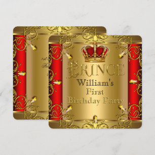 Invitation Prince Premier anniversaire Boy Red Gold Crown