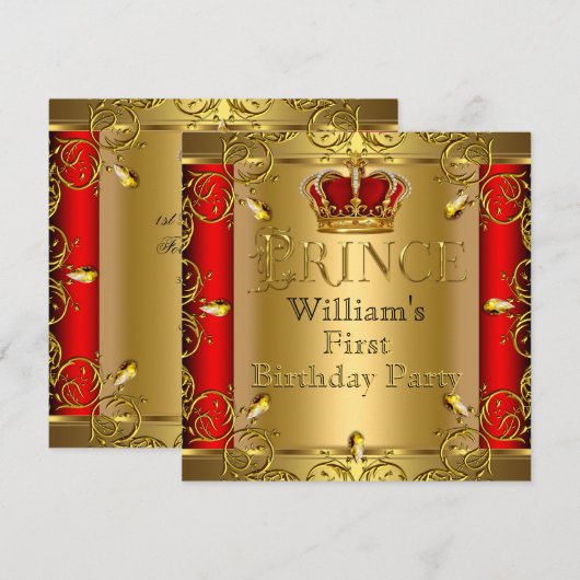 Invitation Prince Premier anniversaire Boy Red Gold Crown (Devant / Derrière)