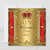 Invitation Prince Premier anniversaire Boy Red Gold Crown (Devant)