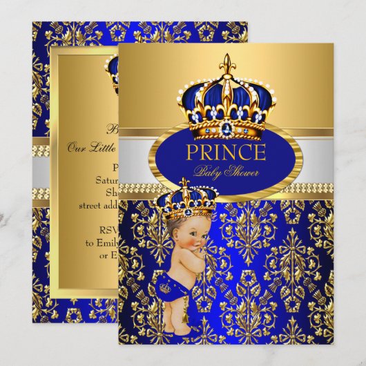 Invitation Prince Royal Baby shower de la Couronne bleu Brune (Devant / Derrière)