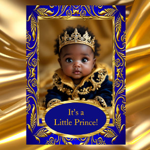 Invitation Prince Royal Bleu Or Garçon Baby Shower Ethnique